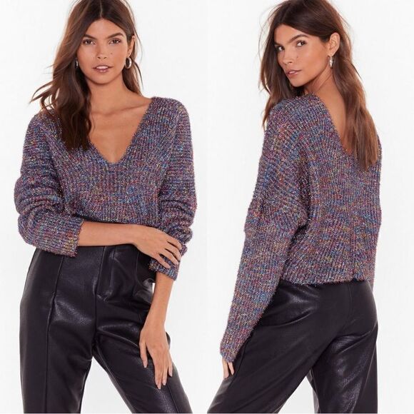 Nasty Gal Tinsel Time Pink Multicolor Sweater Crop V Neck  Size M - Picture 1 of 11